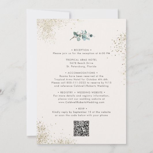 Alles in één QR-code Eucalyptus Gold Glitter Wedde Kaart (Achterkant)
