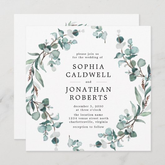 Alles in één QR-code Eucalyptus Greenery Wedding Kaart (Voorkant / Achterkant)