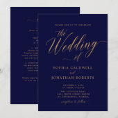 Alles in één QR-code Gold Calligraphy Navy Wedding Kaart (Voorkant / Achterkant)