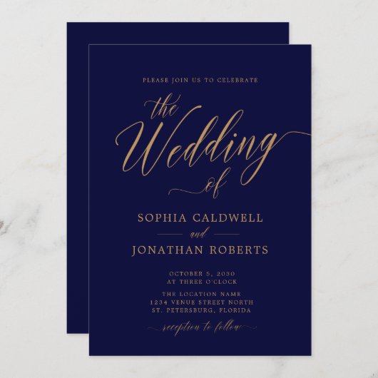 Alles in één QR-code Gold Calligraphy Navy Wedding Kaart (Voorkant / Achterkant)
