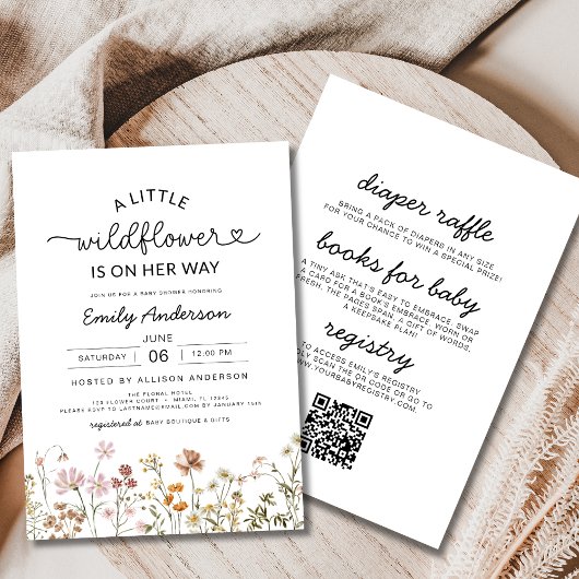 Alles in één QR Code Little Wildflower Baby shower Kaart