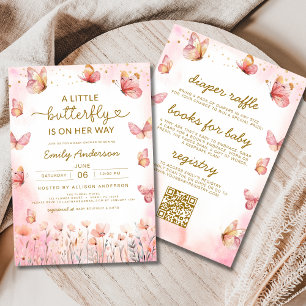 Alles in één QR Code Meisje Roze Vlinder Baby show Kaart