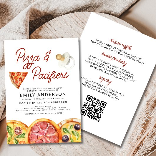 Alles-in-één QR Code Pizza & Pacifiers Baby shower Kaart