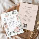 Alles in een QR-code Roze Bloemen Eucalyptus Bruil Kaart<br><div class="desc">Dusty Pink Floral Rozen en Eucalyptus Botanical Greenery Waterverf Wedding Spring of Summer Wedding Invitations - inclusief prachtige en elegante scripttypografie met moderne tropische botanische bloemen en groen voor de speciale viering van de huwelijksdag.</div>