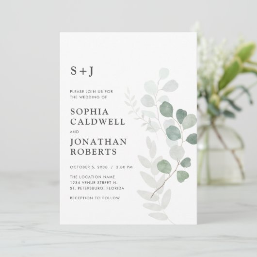 Alles in één QR-code RSVP Airy Eucalyptus Weddensc Kaart (Staand voorkant)