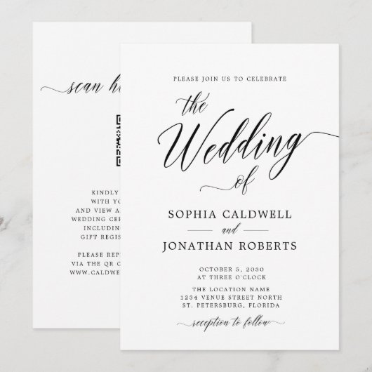 Alles in één QR-code RSVP Black Calligraphy Weddin Kaart (Voorkant / Achterkant)
