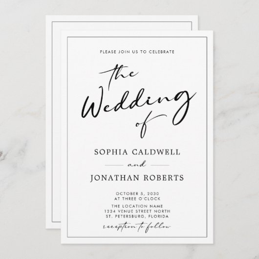 Alles in één QR Code RSVP Moderne Calligrafie Wedd Kaart (Voorkant / Achterkant)