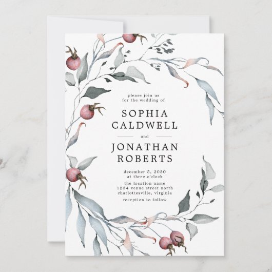 Alles in één QR-code Winter Berries Greenery Weddi Kaart (Voorkant)