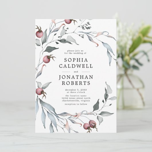 Alles in één QR-code Winter Berries Greenery Weddi Kaart (Staand voorkant)