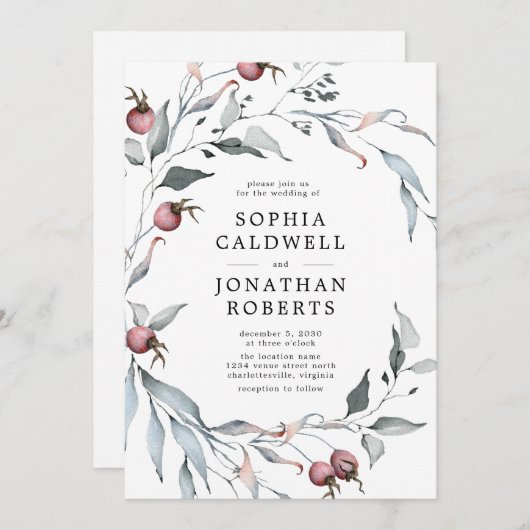 Alles in één QR-code Winter Berries Greenery Weddi Kaart (Voorkant / Achterkant)