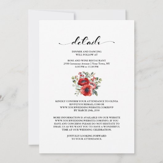 Alles in één rode bloemenbruiloft kaart (Achterkant)