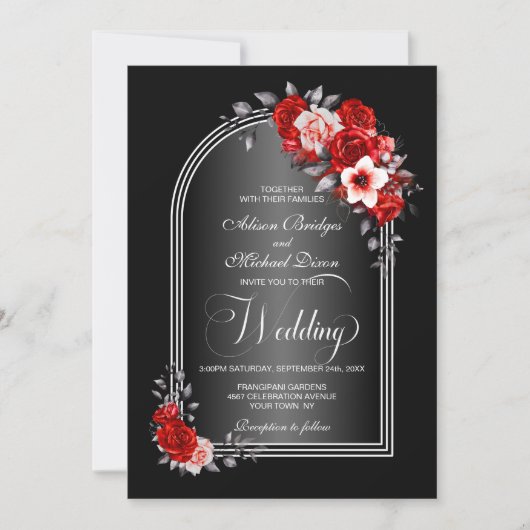 Alles in één rode flora zwarte grijze bruiloft kaart (Voorkant)