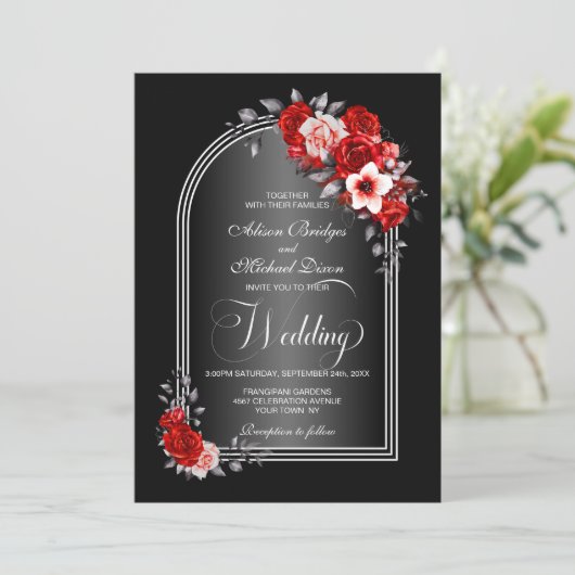 Alles in één rode flora zwarte grijze bruiloft kaart (Staand voorkant)
