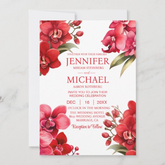 Alles in één rode orchideeën bruiloft uitnodiginge kaart (Voorkant)