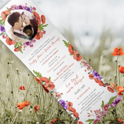 Alles in één rode papaver Paars roze Floral bruilo Drieluik Uitnodiging