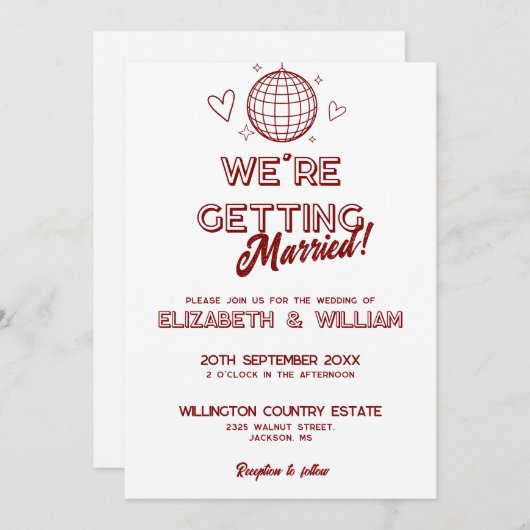 Alles in één rode retro disco groovy bruiloft kaart (Voorkant / Achterkant)