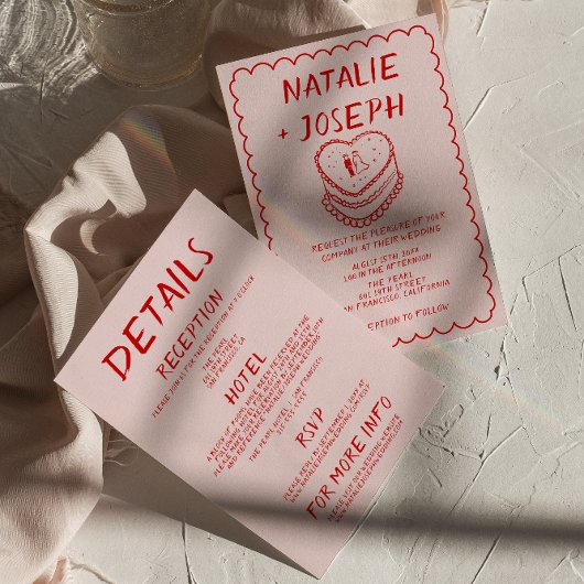 Alles in een rode roze hand getrokken taart Lijst  Kaart