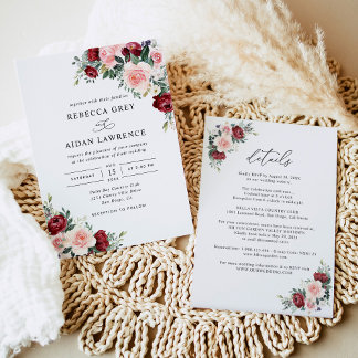 Alles in één roesterig Bourgogne Blush Floral Wedd Kaart