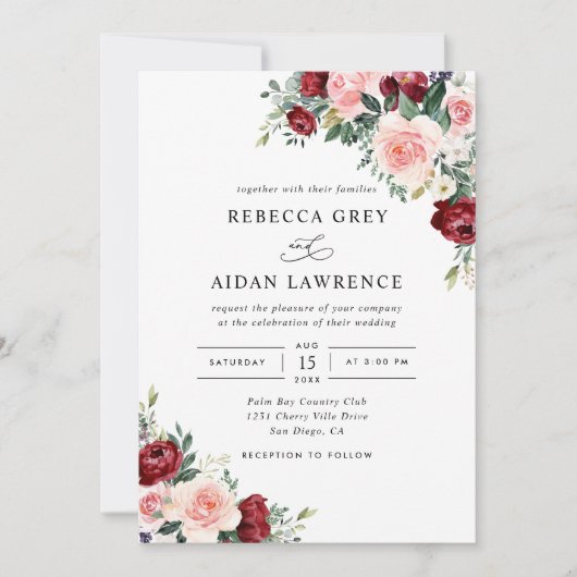 Alles in één roesterig Bourgogne Blush Floral Wedd Kaart (Voorkant)