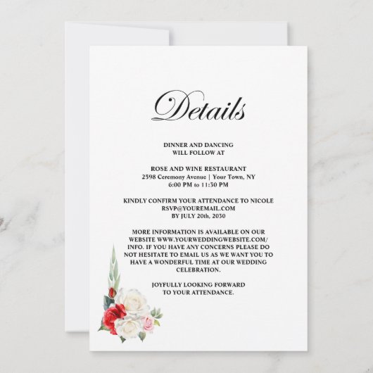 Alles in één rood-witte bloemenbruiloft kaart (Achterkant)