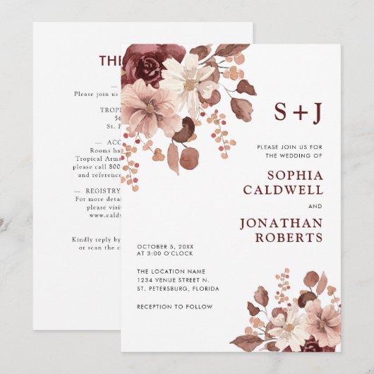 Alles in één Roos Eucalyptus Floral Wedding Kaart (Voorkant / Achterkant)