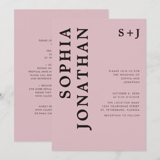 Alles in één Roos, gebold onyx Typografie Weddensc Kaart (Voorkant / Achterkant)