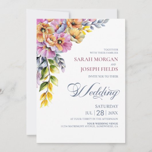 Alles in een roze en Oranje bloemenbruiloft Kaart (Voorkant)