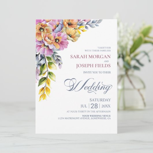 Alles in een roze en Oranje bloemenbruiloft Kaart (Staand voorkant)