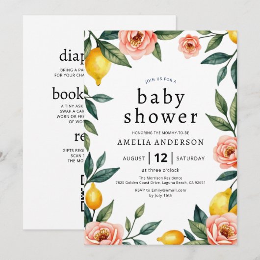 Alles in één roze geel bloemig citroen Baby shower Kaart (Voorkant / Achterkant)