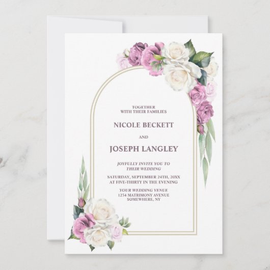 Alles in een roze witte bloemenboog bruiloft kaart (Voorkant)