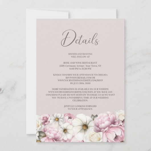 Alles in één roze witte bloemenbruiloft kaart (Achterkant)