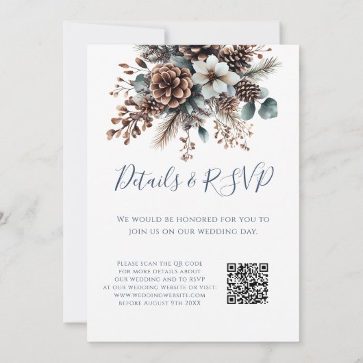 Alles in één rustieke Bloemen Pinecone QR Code Huw Kaart (Achterkant)