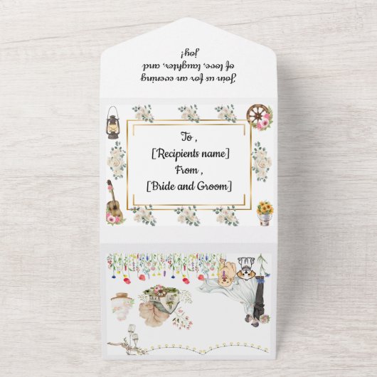 Alles in één rustieke bruiloft all in one uitnodiging (Buitenkant)