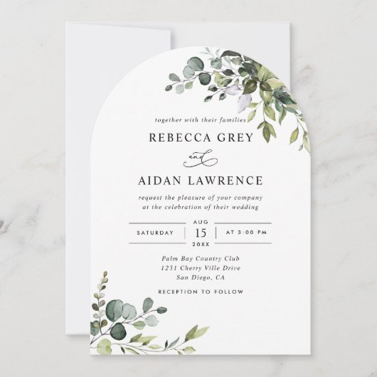 Alles in een rustieke eucalyptus groen boog bruilo kaart (Voorkant)