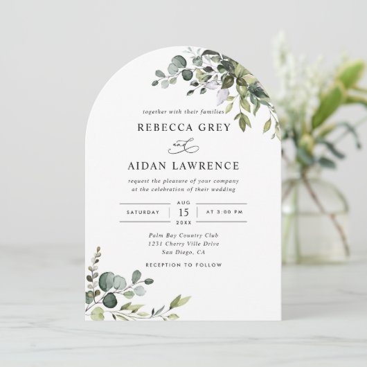 Alles in een rustieke eucalyptus groen boog bruilo kaart (Staand voorkant)