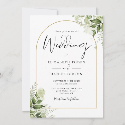 Alles in één rustieke groene gouden boog bruiloft kaart (Voorkant)