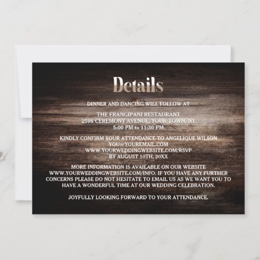 Alles in één rustieke houten bloemenbruiloft kaart (Achterkant)