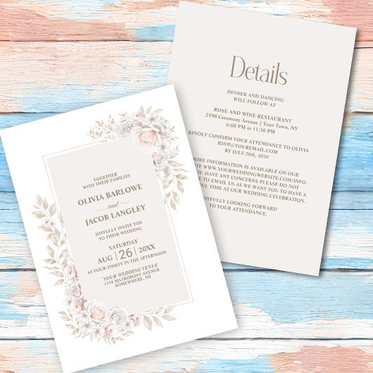 Alles in één rustieke neutrale bloemenbruiloft kaart