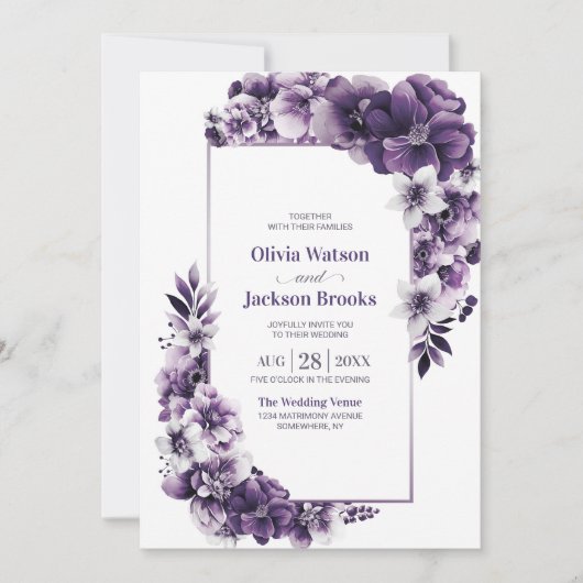 Alles in één rustieke Paarse bloemenbruiloft Kaart (Voorkant)