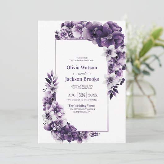 Alles in één rustieke Paarse bloemenbruiloft Kaart (Staand voorkant)