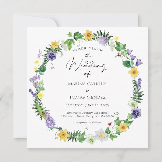 Alles-in-één | Rustieke Waterverf Wildflower bruil Kaart (Voorkant)