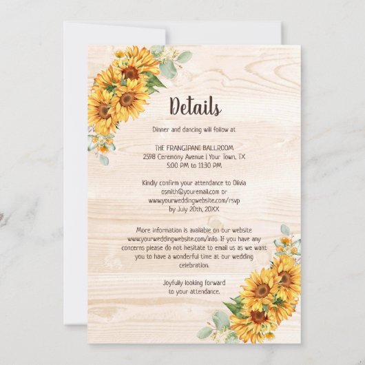 Alles in één rustige zonnebloempoudenbruiloft kaart (Achterkant)