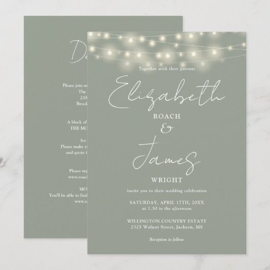 Alles in één Sage Green Chic String Lights Wedding Kaart (Voorkant / Achterkant)