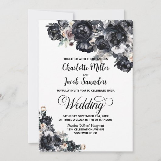 Alles in een Smokey Zwart Bloemen Bruiloft Kaart (Voorkant)