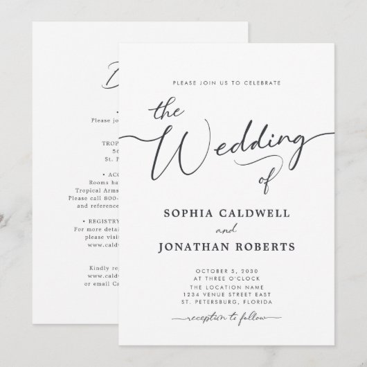 Alles in één steenkoolgrijze kalligrafie bruiloft  kaart (Voorkant / Achterkant)