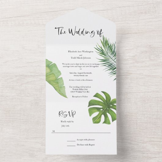 Alles in een tropische Waterverf bruiloft uitnodig All In One Uitnodiging (Binnen)