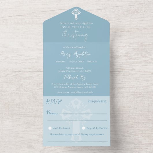 Alles in één uitnodiging Bloemenkruis Blauw Doopse (Binnen)