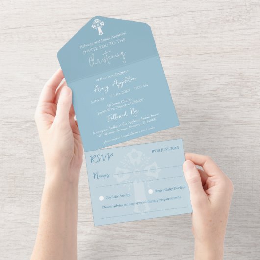 Alles in één uitnodiging Bloemenkruis Blauw Doopse (Afscheurbaar)