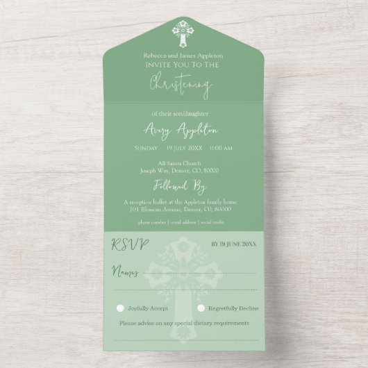 Alles in één uitnodiging Bloemenkruis Groen Doopse (Binnen)