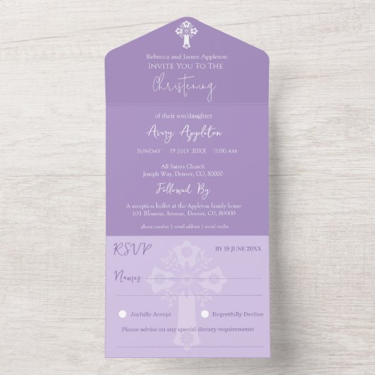 Alles in één uitnodiging Bloemenkruisdoop Lila (Binnen)